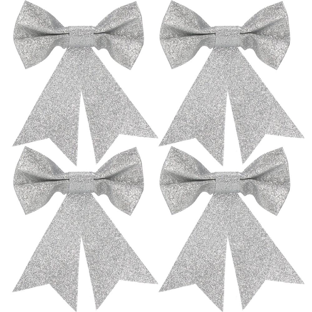 Set 4 ornamente pentru bradul de Craciun, fundita, 13cm, argintiu