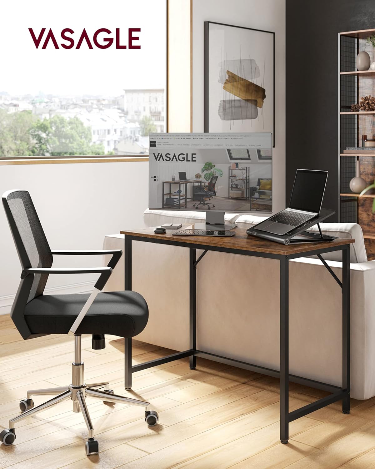 VASAGLE Birou cu cadru din otel, 50x100x75 cm, industrial, maro - 3