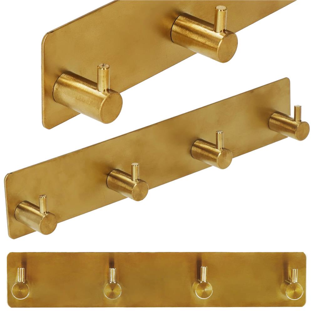 Cuier de baie pentru prosoape, montare fara gaurire, otel, 4 agatatori, 24x4.5cm, auriu