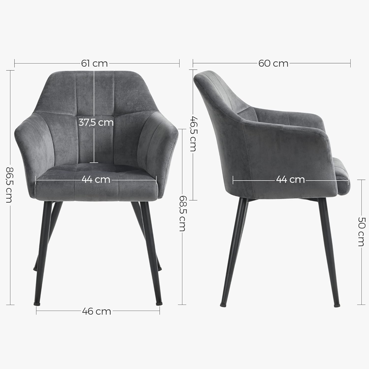 SONGMICS Scaun living tapitat din catifea cu cotiere, sarcina 110 kg, 61x60x87 cm, gri