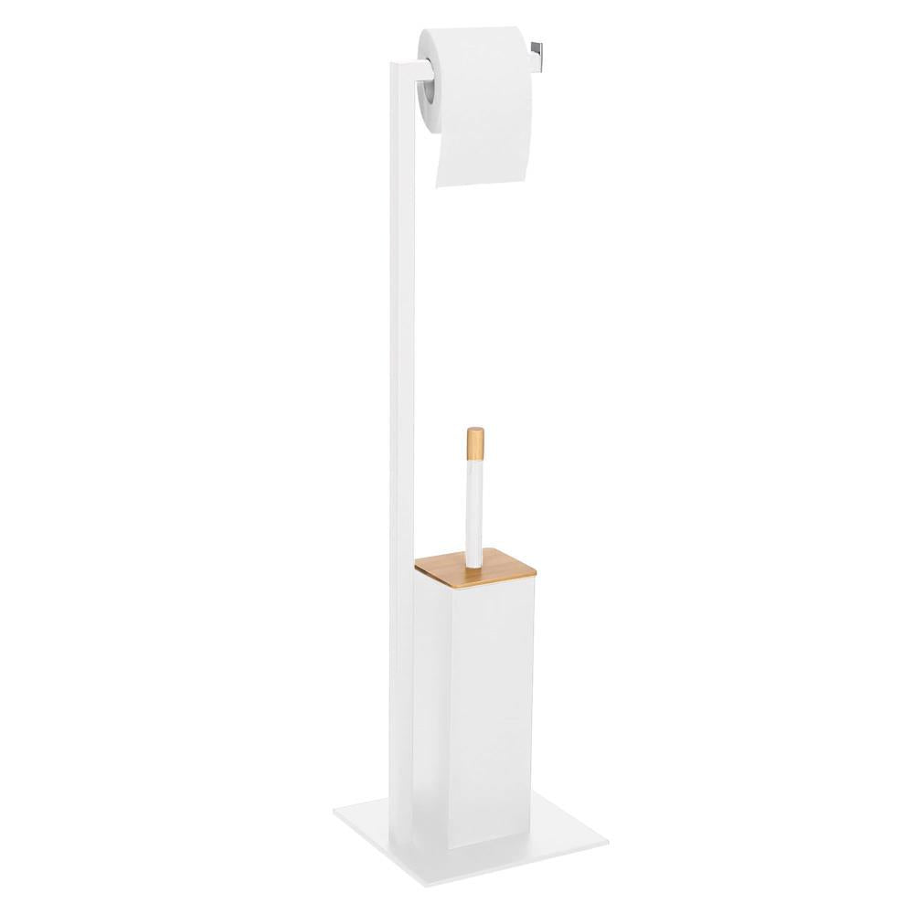 Stand cu perie WC si suport hartie igienica, metal si bambus, 79cm, gri deschis