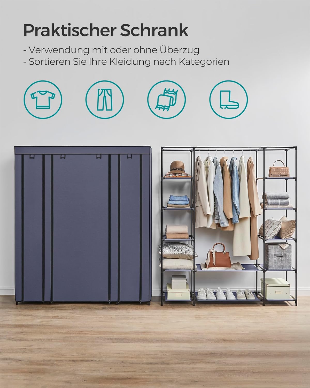 SONGMICS Garderoba din material textil, dulap portabil, cu rafturi si sina de agatat, 150x45x175cm, albastru