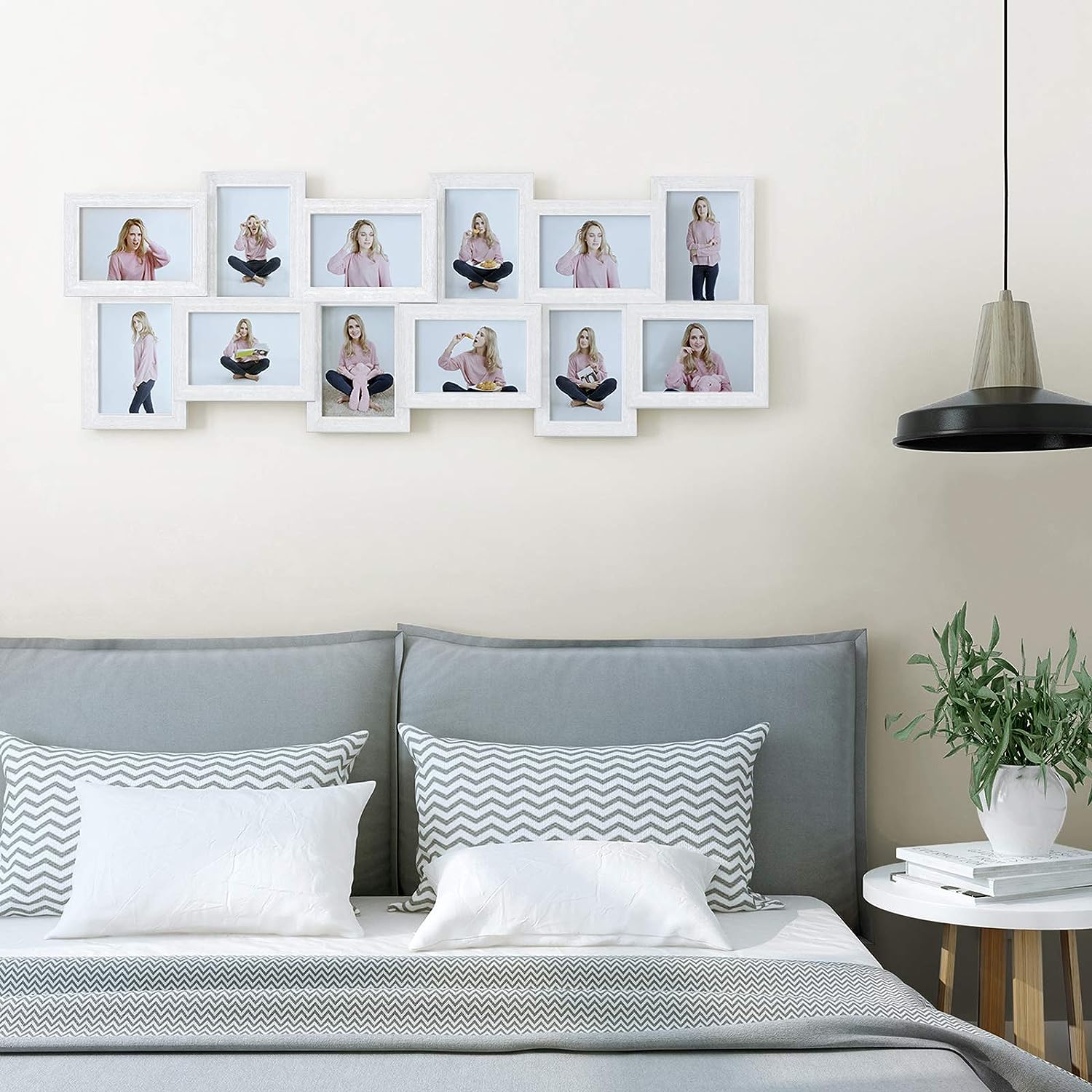 SONGMICS Rama foto de perete din MDF cu sticla, colaj de 12 fotografii, 89x33cm, alb gri