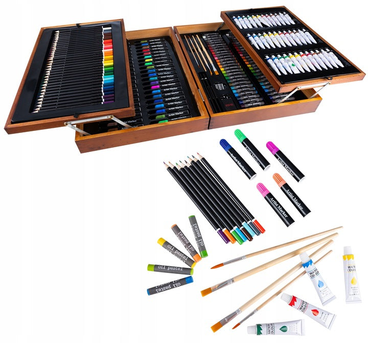 Set de pictura si desen pentru copii, 174 de piese, trusa lemn, 45x32x10cm