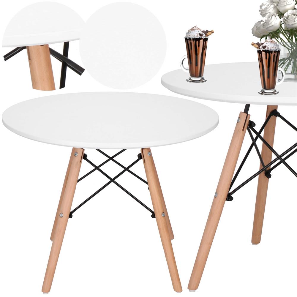 Masa de cafea, rotunda, diametru 60 cm, inaltime 45 cm, Blat MDF, Picioare lemn, Alb