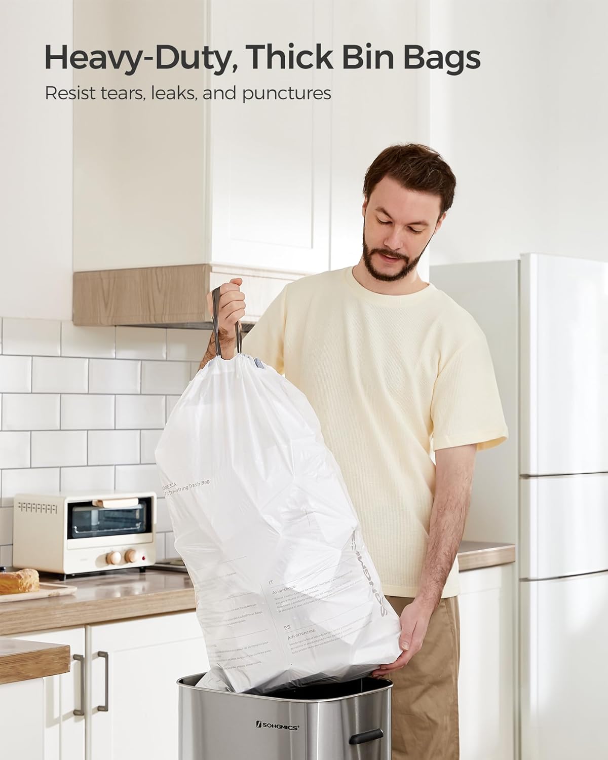 SONGMICS Saci de gunoi pentru cosuri de bucatarie de 30 litri, pre-separate, 90 bucati, alb