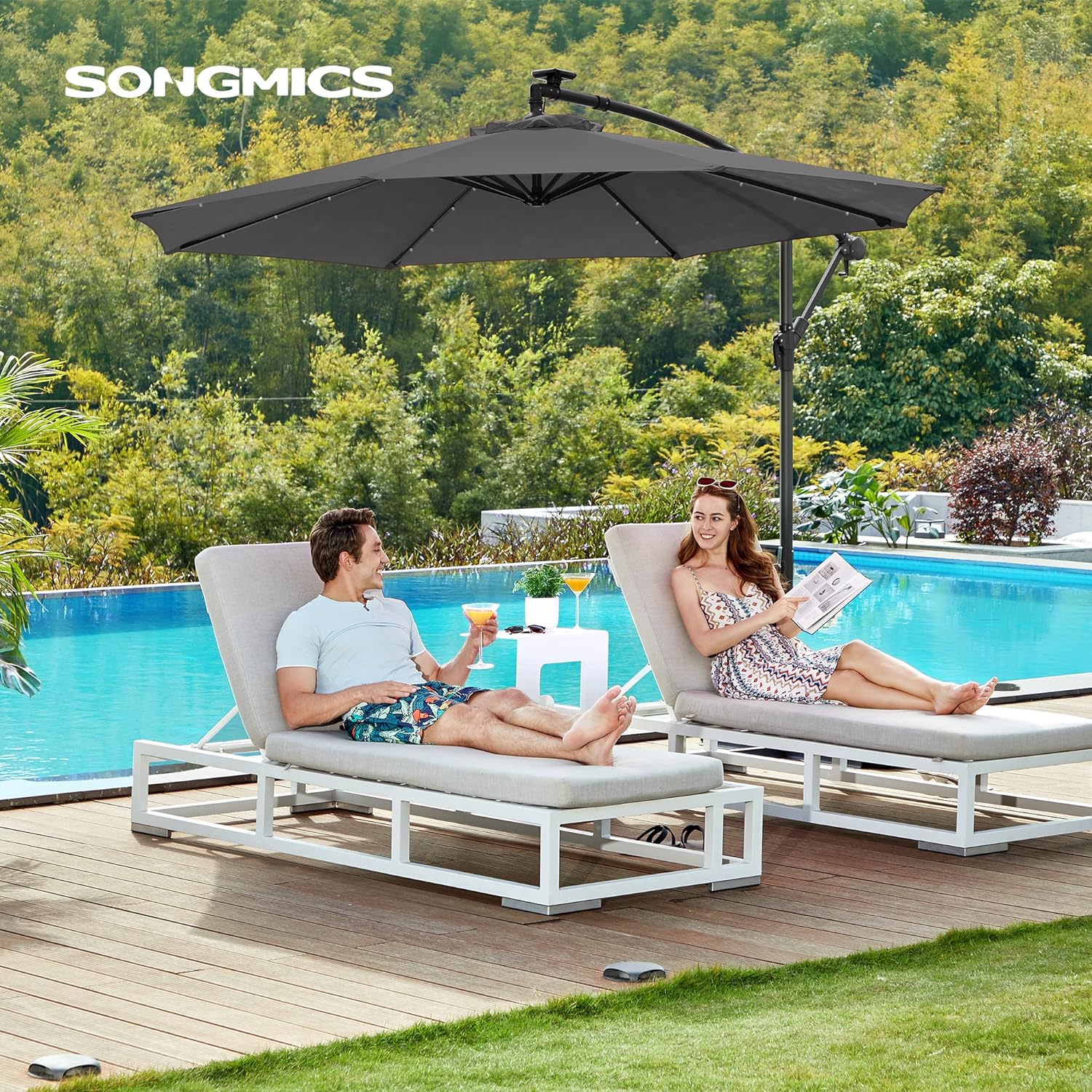 SONGMICS Umbrela de gradina cu brat lateral banana, 300cm, cu iluminare LED solara, gri