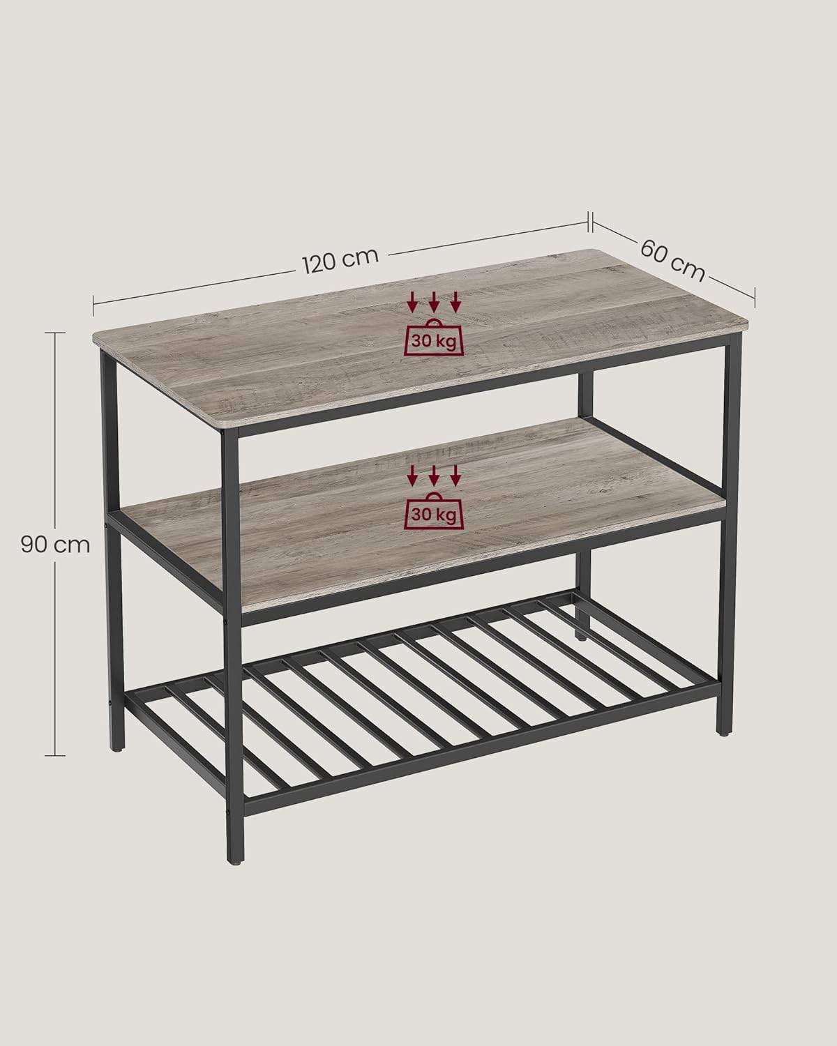 VASAGLE Raft de bucatarie tip insula, cadru de otel cu 3 nivele, stil industrial, 60x120x90cm, gri stejar - 3