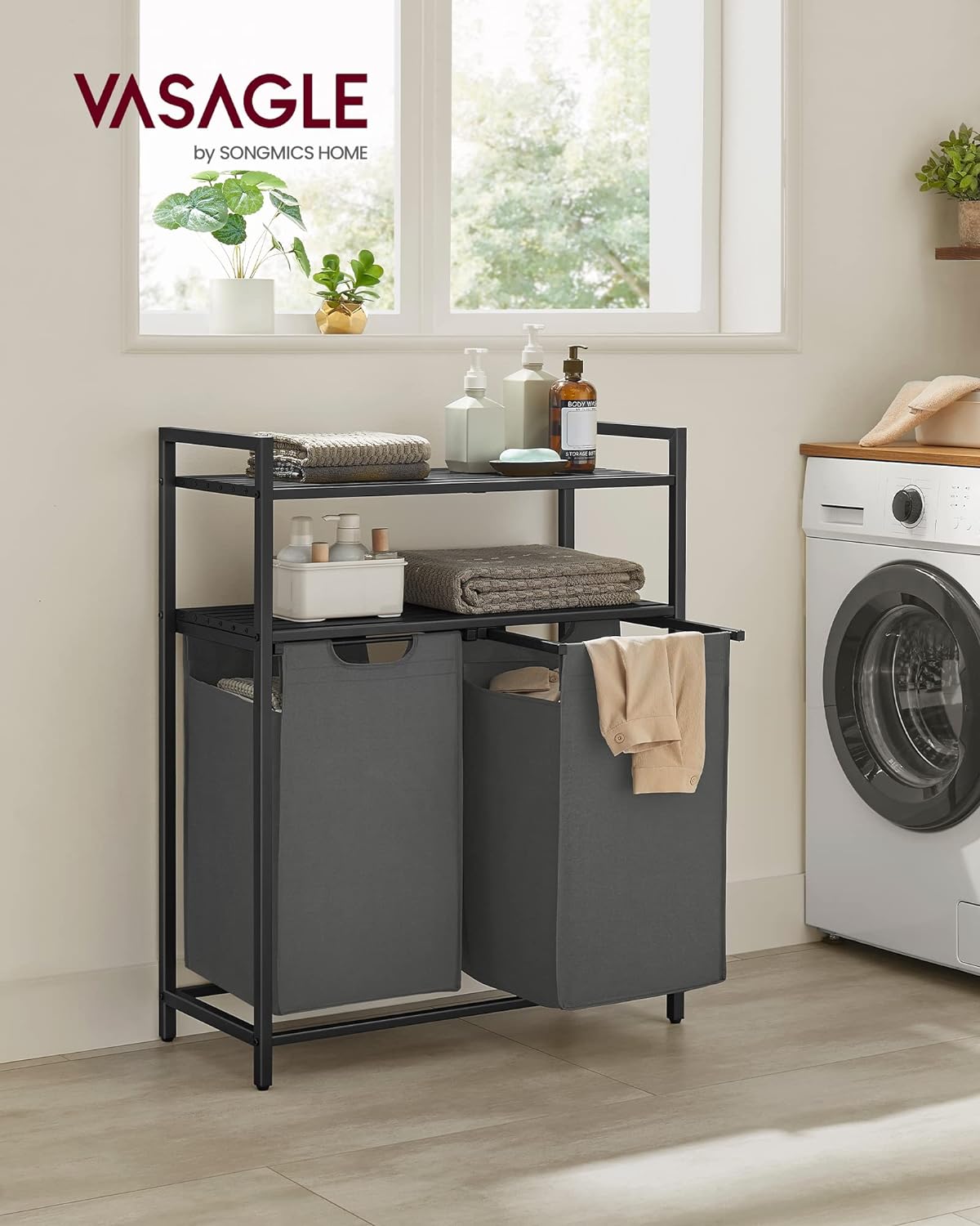 VASAGLE Cos de rufe, cu 2 saci detasabili, 2 rafturi, capacitate de 46L per sac, 73x33x92cm , negru si gri