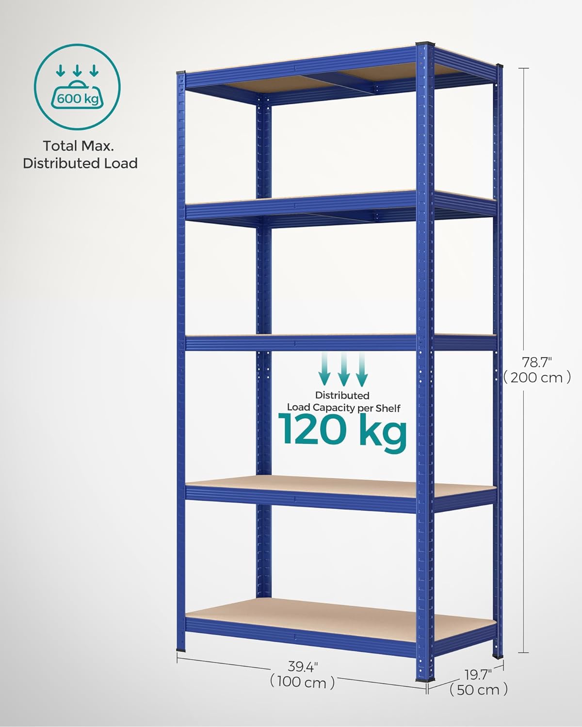 SONGMICS Raft de depozitare metalic, cu rafturi din PAL, 5 polite, max. 600 kg, 200x100x50cm, albastru
