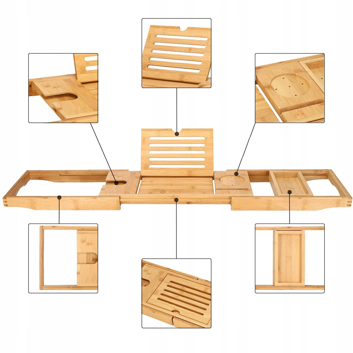 Raft cu tava pentru cada din bambus natural Sersimo 1025, extensibila, 75-111x23cm