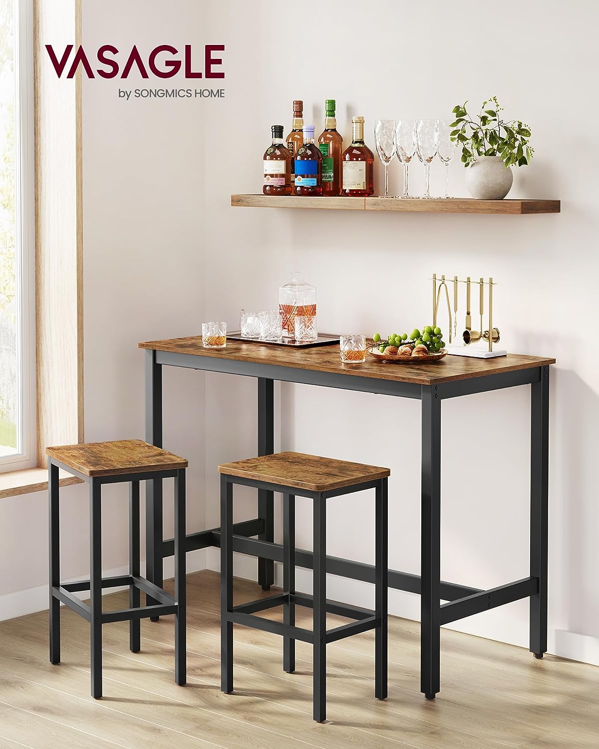 VASAGLE Set masa de bar cu 2 scaune, cadru din otel, blat lemn, stil industrial, 120x60x90cm, maro rustic