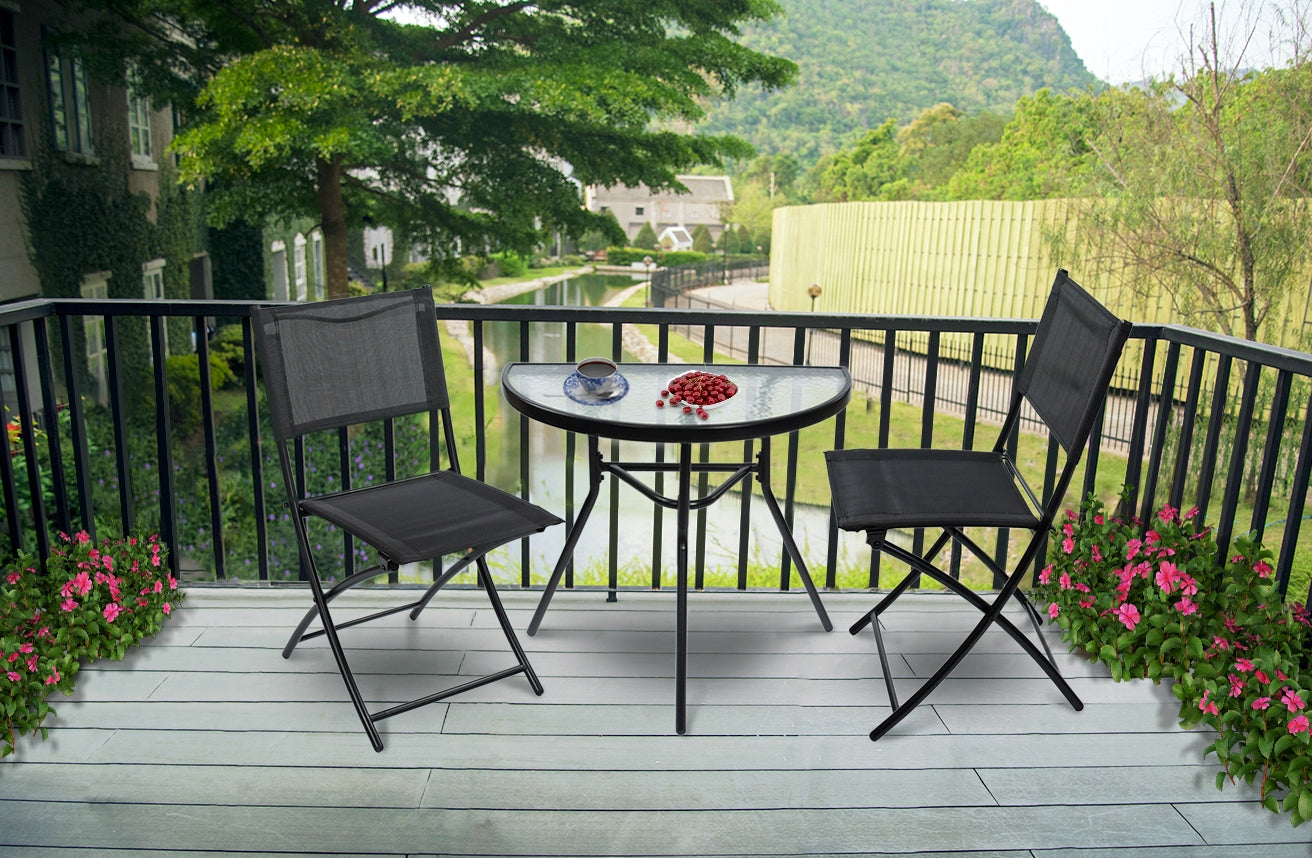 Set mobilier gradina sau balcon, masa semirotund sticla cu 2 scaune pliabile, gri