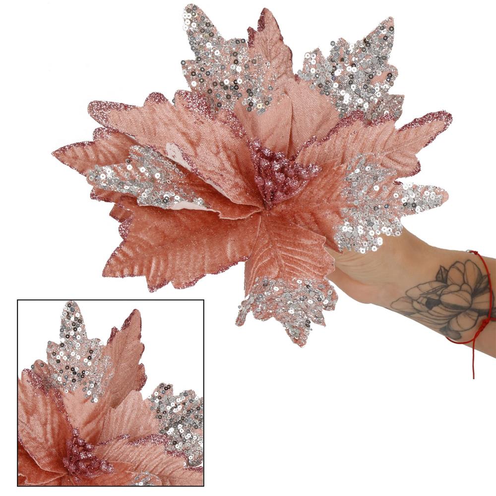 Set 5 ornamente pentru bradul de Craciun, stea Poinsettia, 26cm, roz argintiu