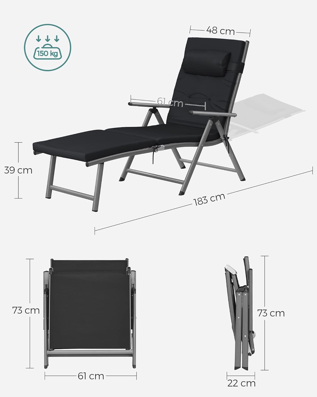 SONGMICS Sezlong pliabil, cu saltea groasa si tetiera, spatar reglabil, maxim 150kg, 183x60x39cm, negru