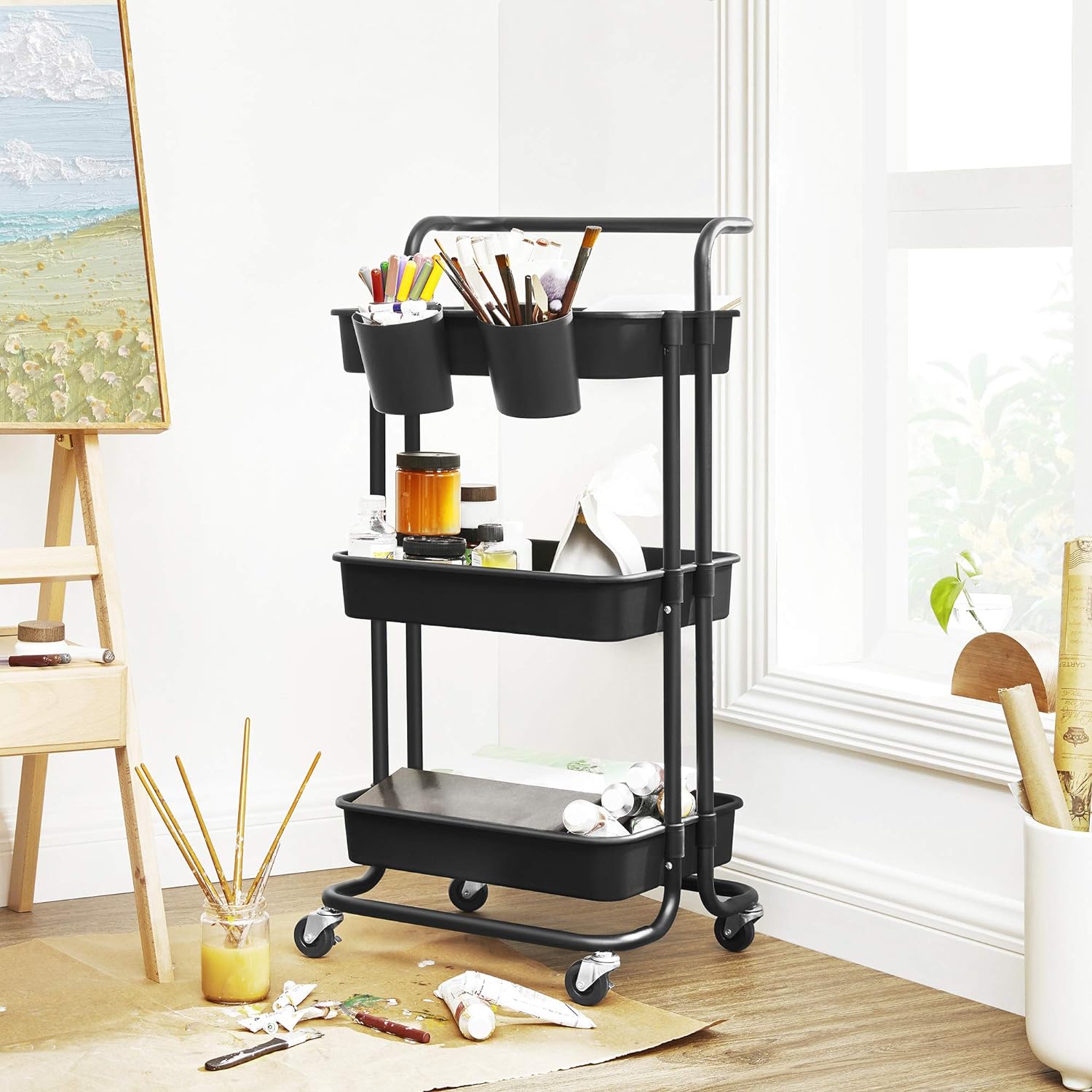 SONGMICS Carucior de depozitare pe roti, pentru bucatarie sau baie, cu 3 nivele, 42x34x86 cm, negru