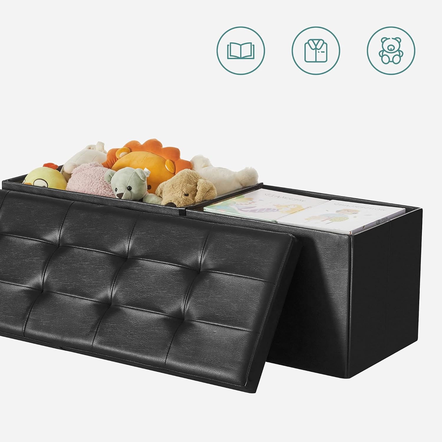 SONGMICS Taburet pliabil cu sezut moale, spatiu de depozitare 120litri, maxim 300kg, 110x38x38cm, negru