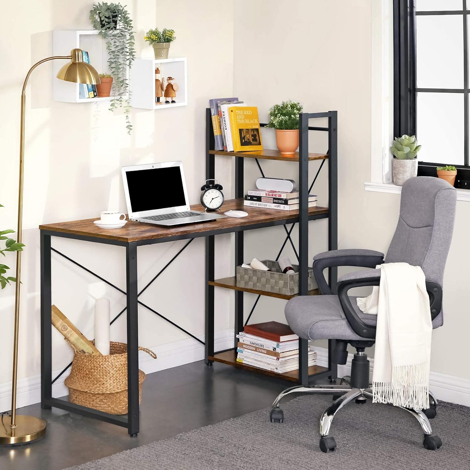 VASAGLE Birou cu raft lateral, montare stanga sau dreapta, industrial, 56x120x120 cm, maro - 3