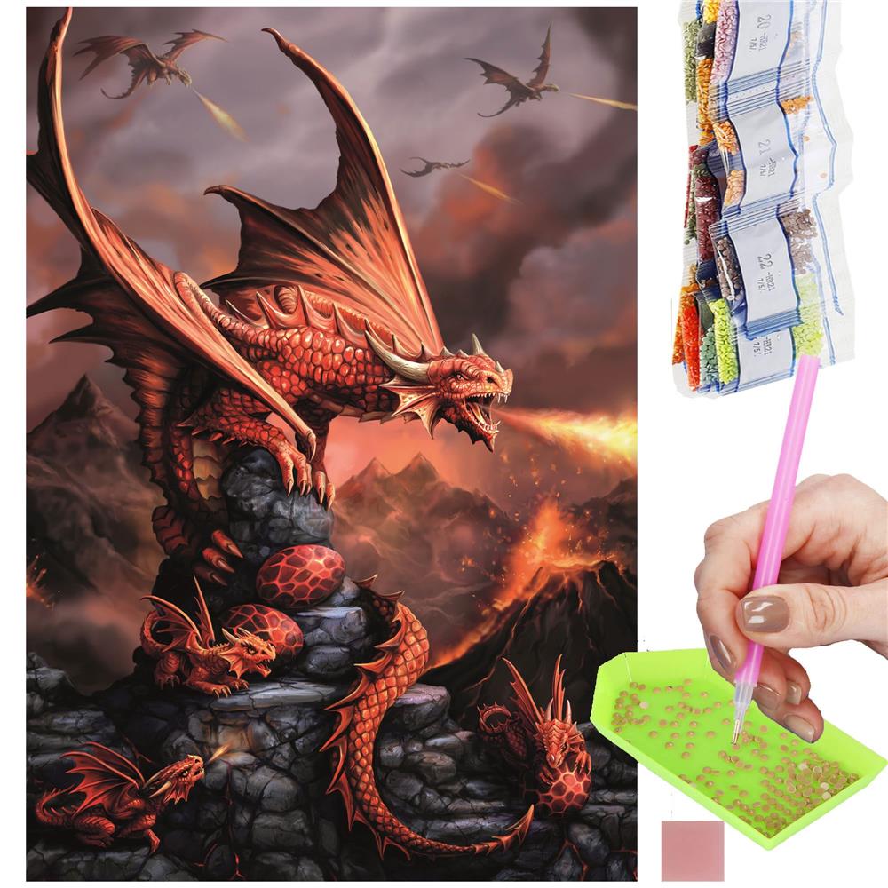 Set de broderie cu diamante 5D, 30x40cm, model Dragon cu pui