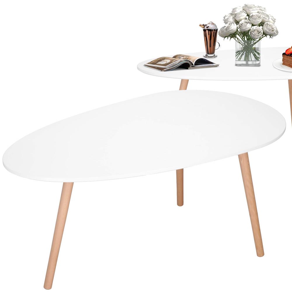 Masa de cafea, ovala, blat 100x50 cm, inaltime 48 cm, Blat MDF, Picioare lemn, Alb