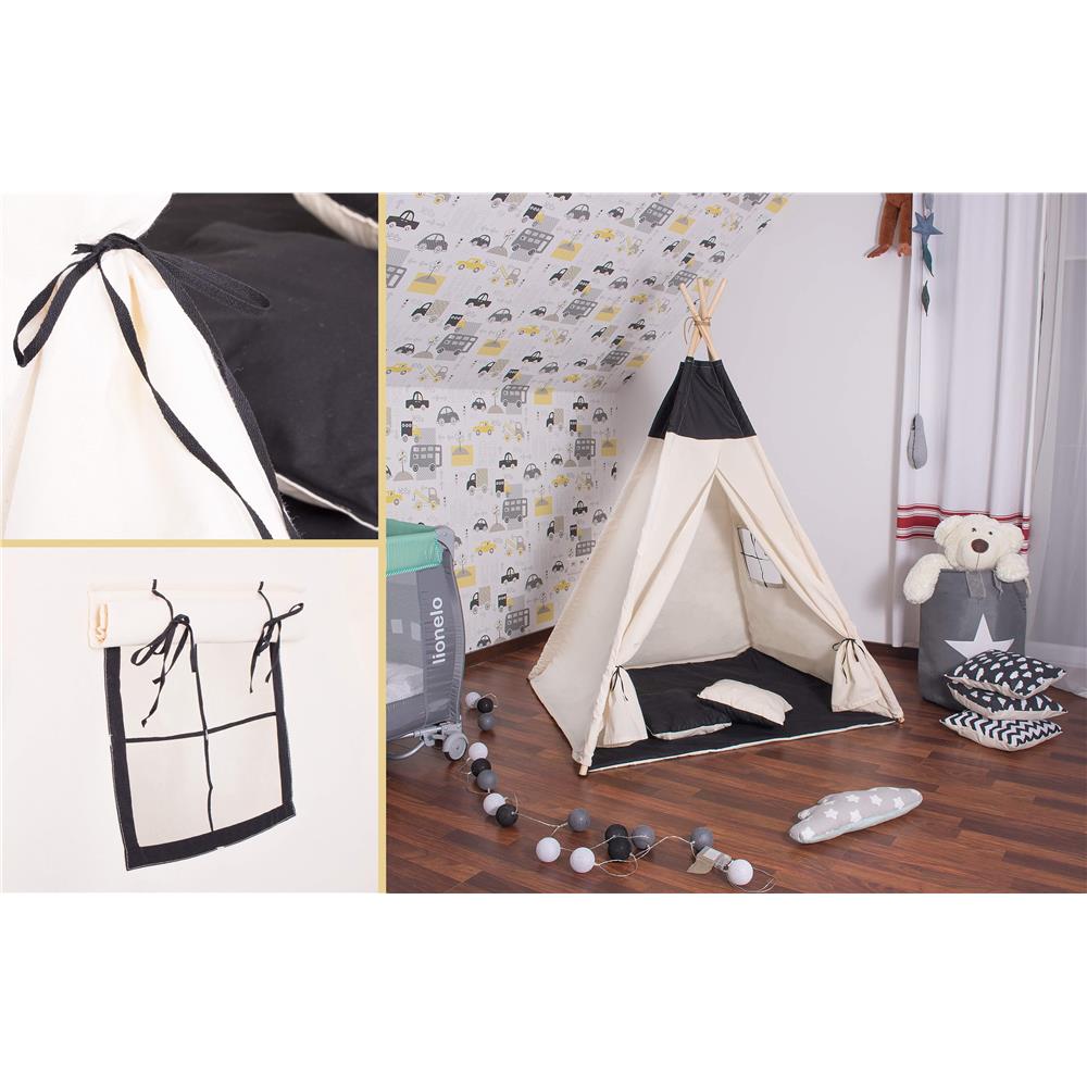 Cort copii Sersimo stil indian Teepee Tent cu fereastra, covoras gros si 2 perne, alb negru