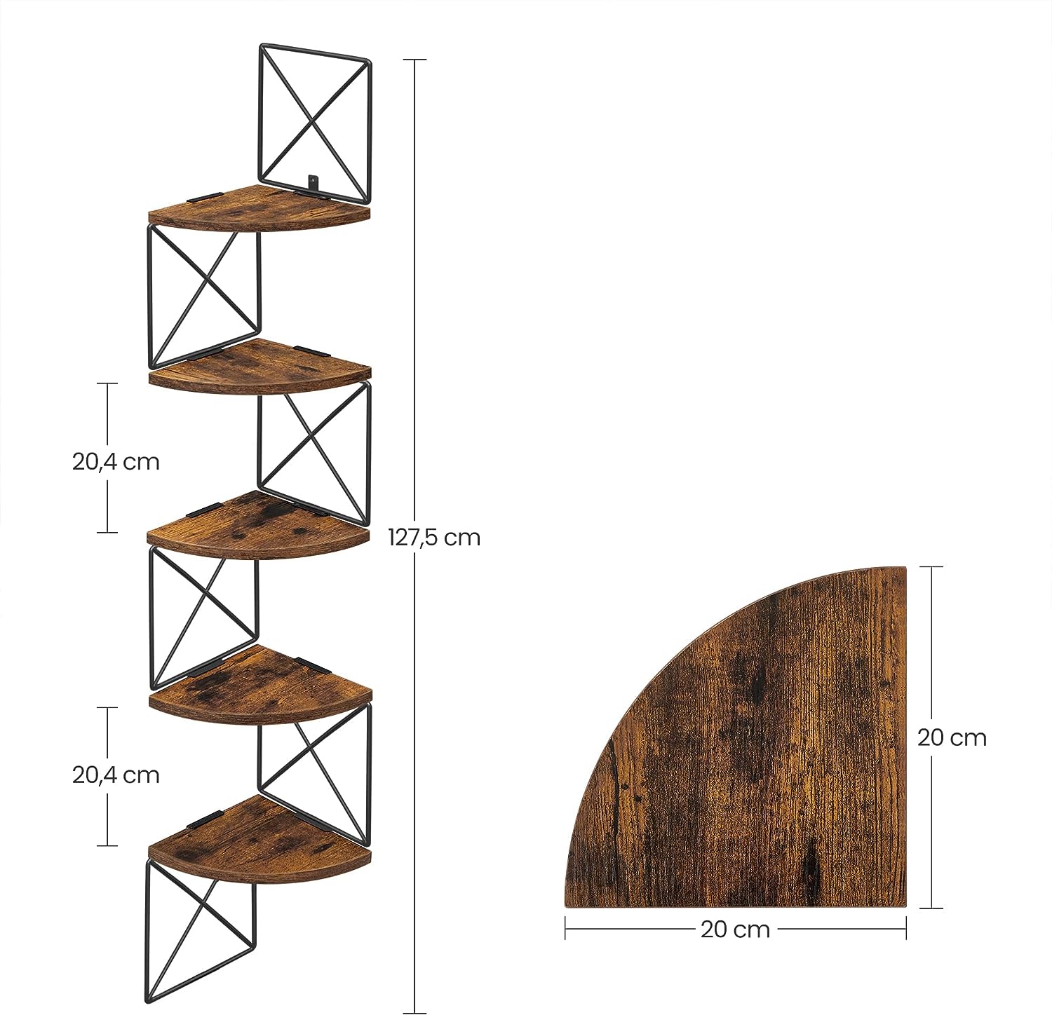 Raft de perete pentru colt, cadru otel cu 5 etaje din MDF, 20x20x128cm, maro rustic si negru