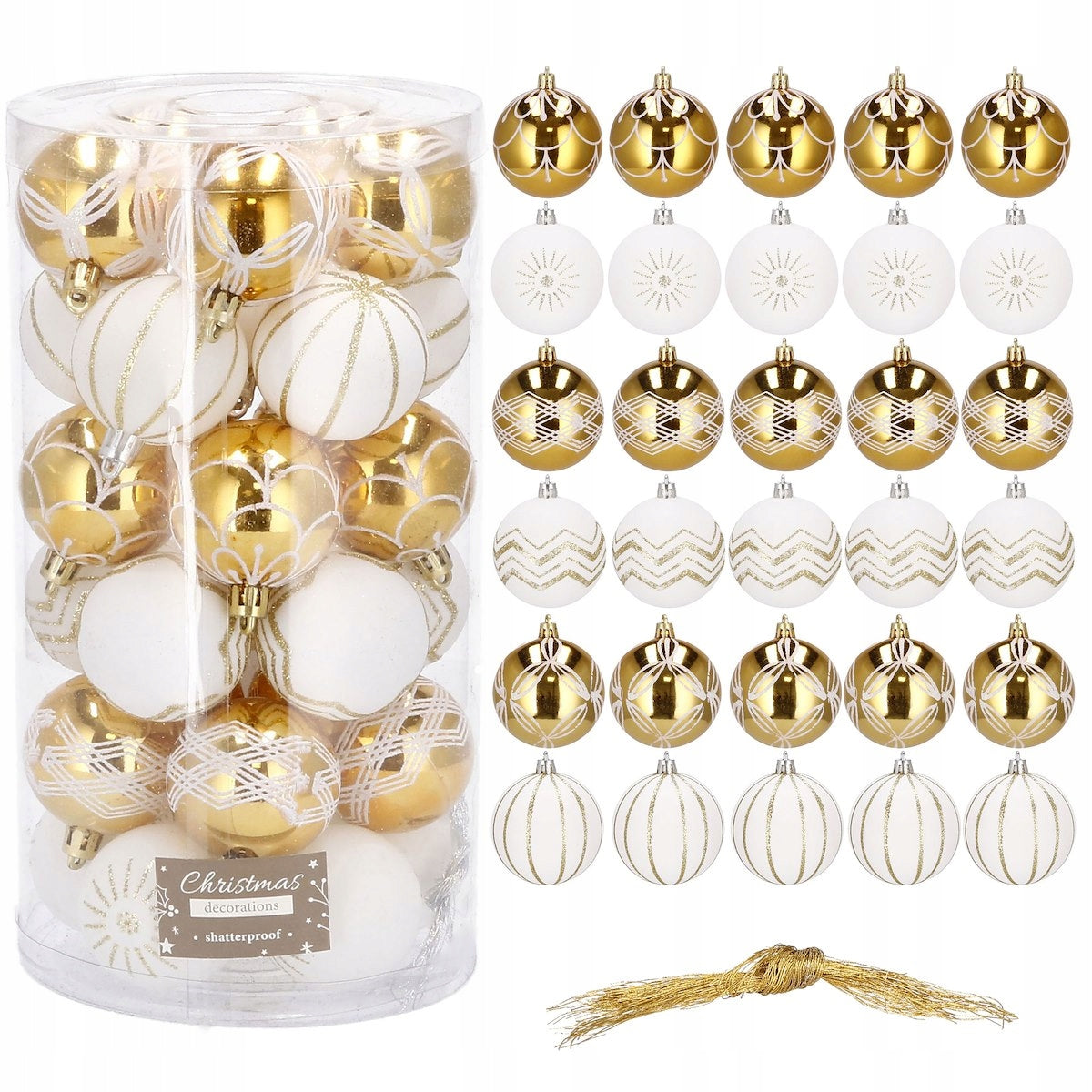 Set globuri de Craciun cu modele de sarbatori, 30 bucati, 7cm, alb auriu