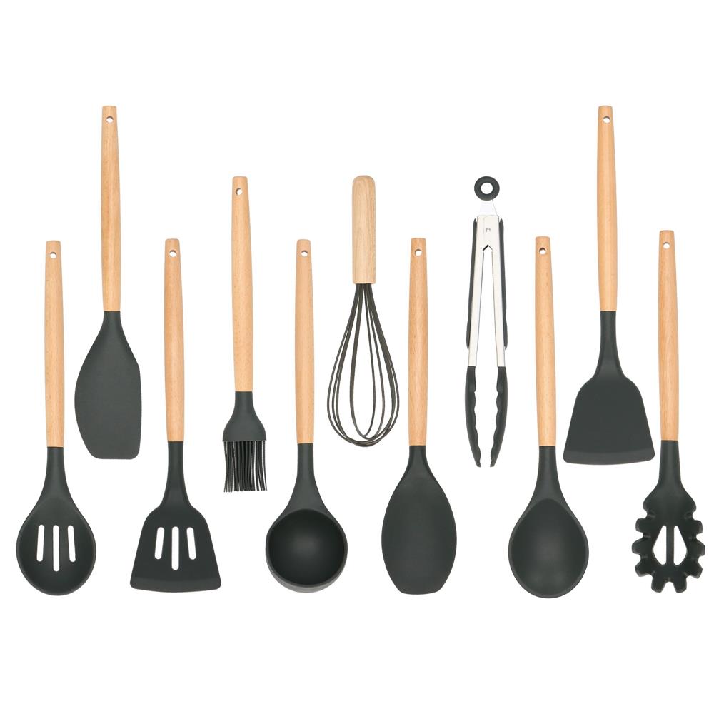 Set Sersimo 12 ustensile de bucatarie din silicon termorezistent si maner din bambus, gri