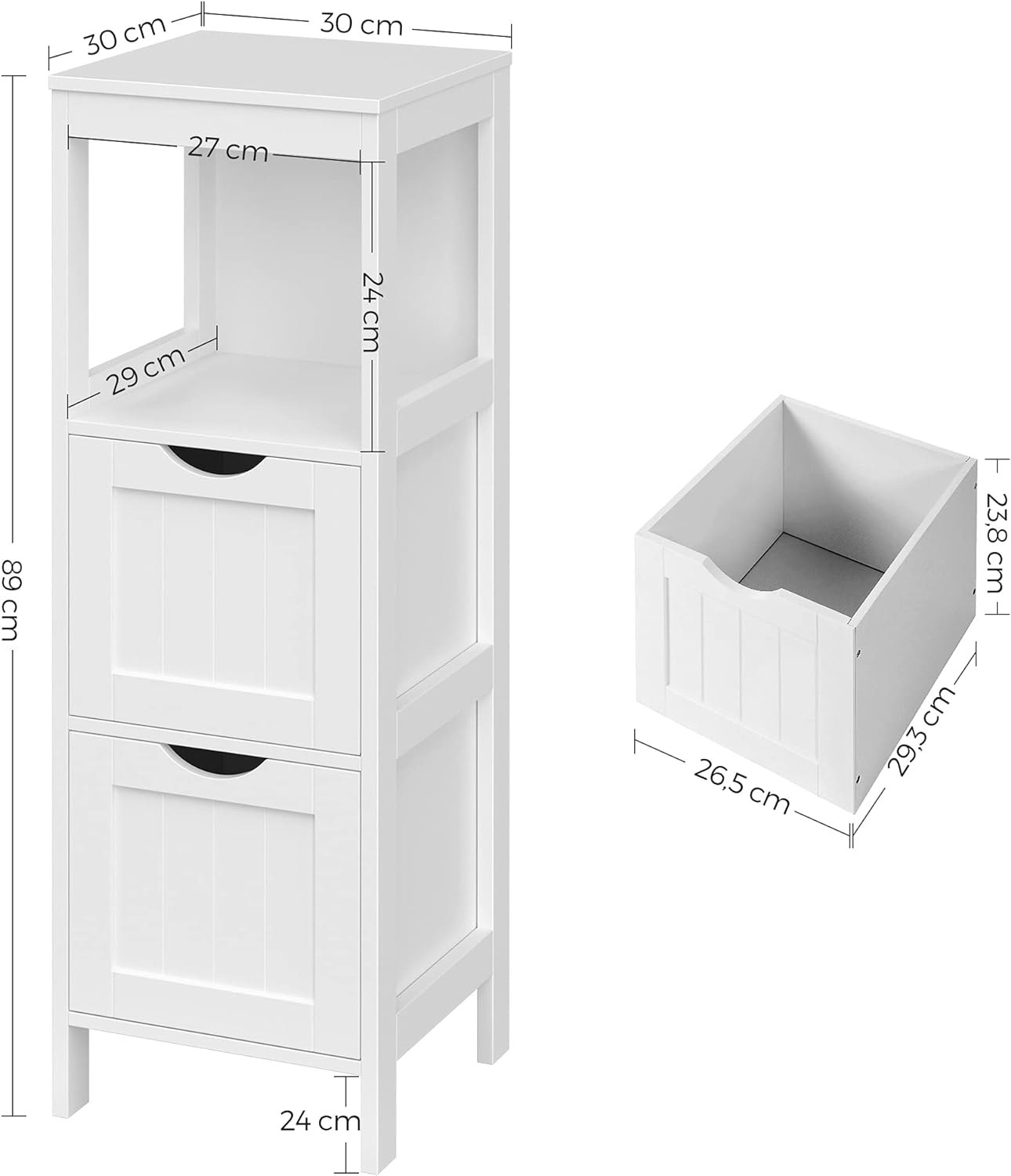 VASAGLE Dulap de podea pentru baie, multifunctional, 2 sertare, 30x30x89cm, alb