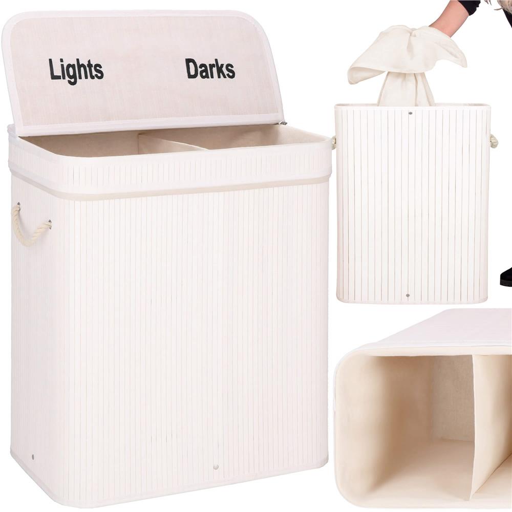 Cos de rufe din bambus cu capac, 2 compartimente, sac detasabil, volum 100L, 54x35x60cm, alb - 4