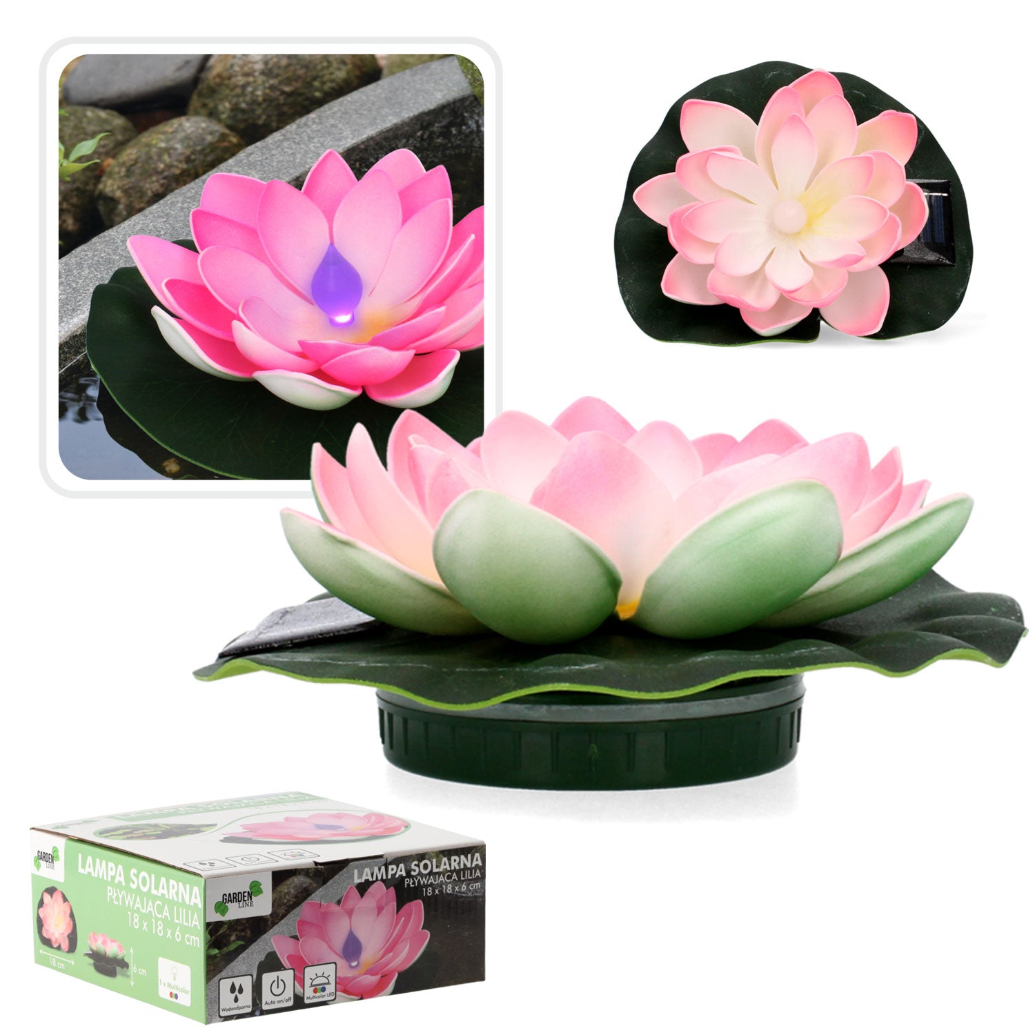 Lampa solara LED de gradina, plutitoare pe apa, floare de nufar roz, 18x18x6cm