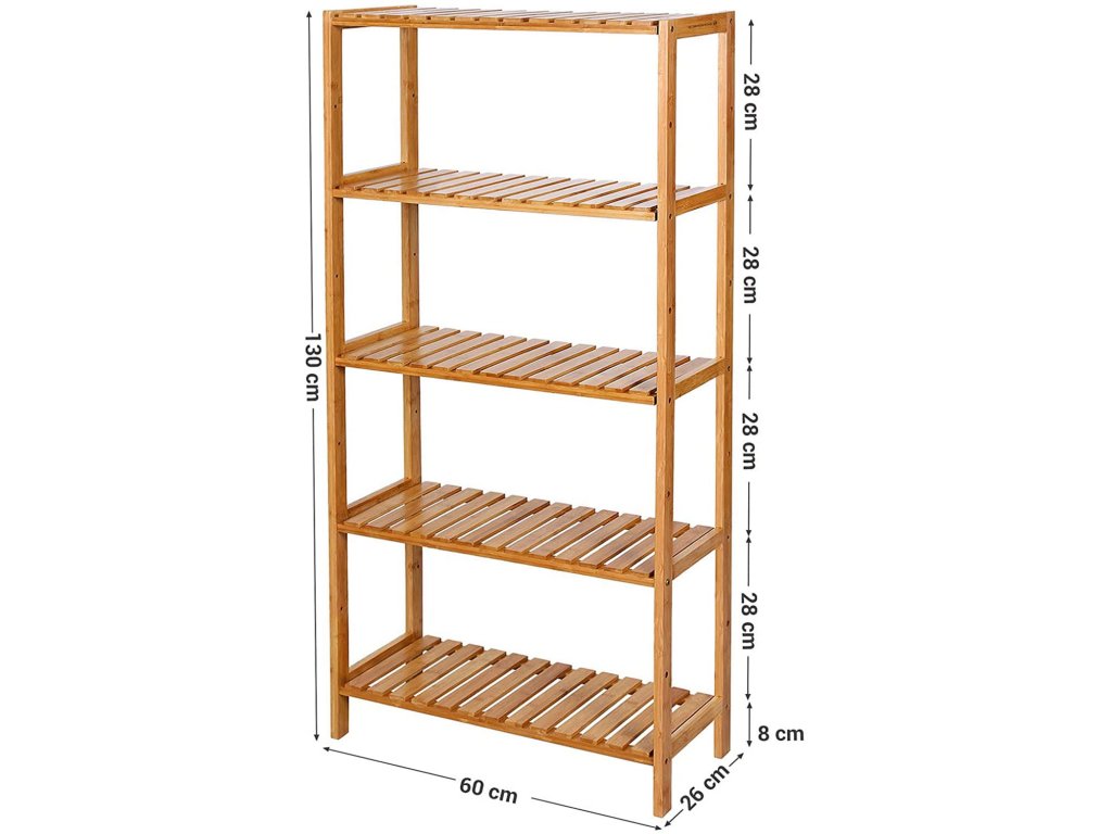 SONGMICS Raft de depozitare din bambus, 5 polite, pentru bucatarie sau baie, 130x60x26cm, maro natural