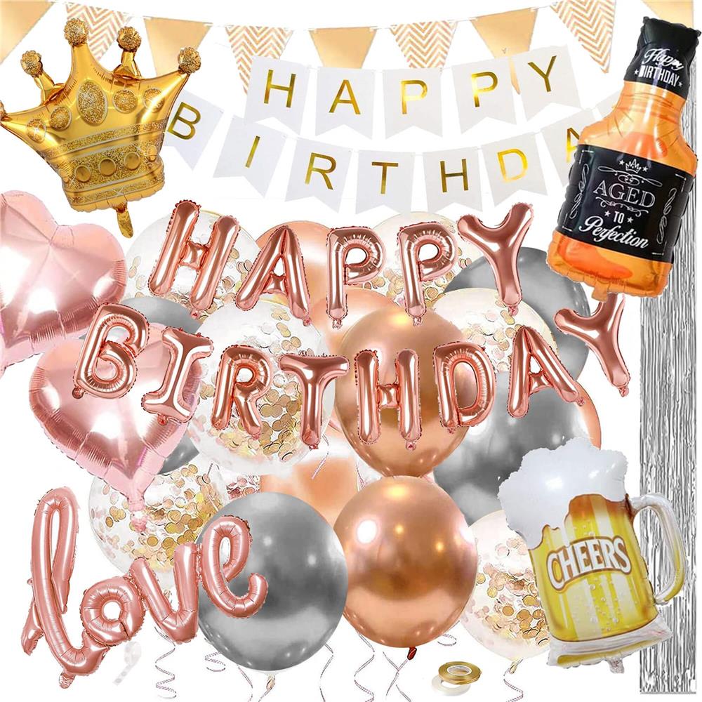 Set 48 baloane si decoratiuni, Happy Birthday, argintiu, roz