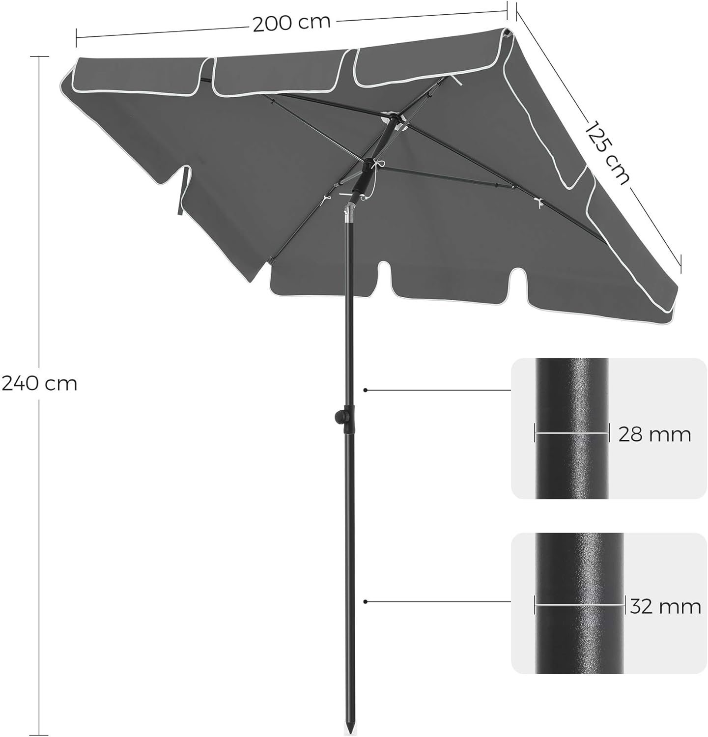 SONGMICS Umbrela terasa gradina sau plaja, cu inclinare, husa, 200x125cm, gri - 3