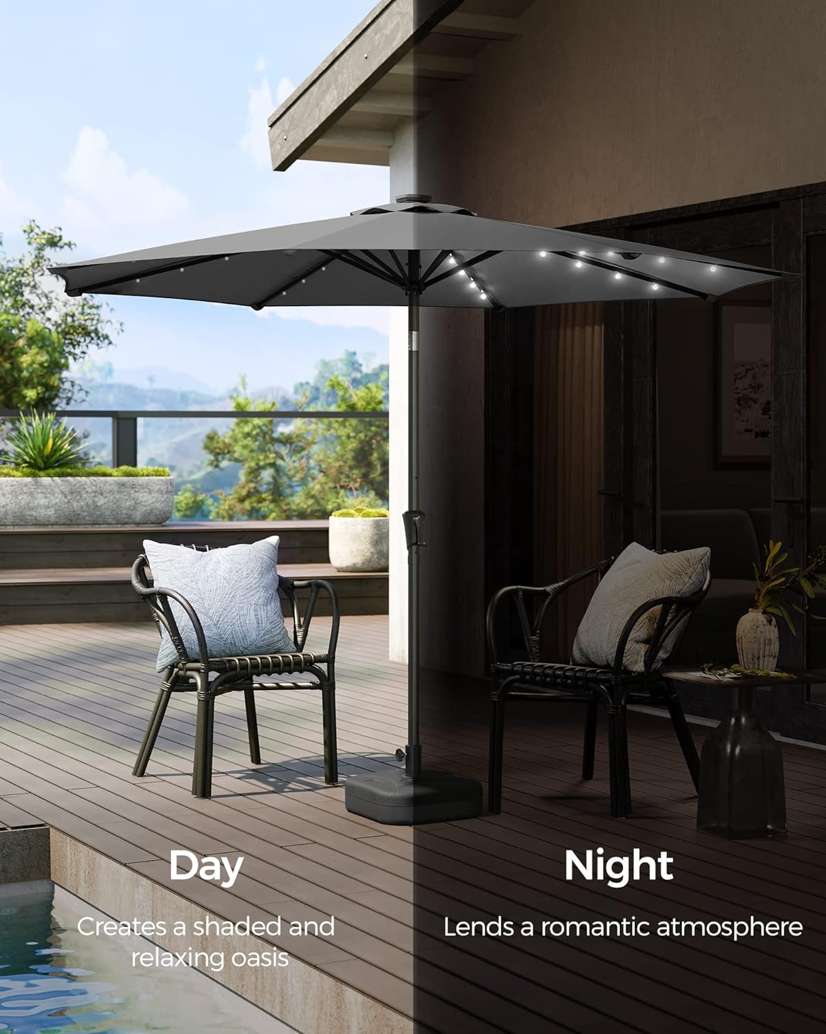 SONGMICS Umbrela de gradina, iluminare LED solara, cu manivela pentru deschidere, sistem inclinare, 300cm, gri - 3