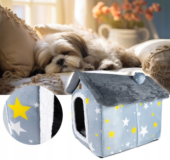 Cusca pentru pisici sau caini de talie mica, pentru interior, din catifea si bumbac, perna inclusa, 52x43x50cm