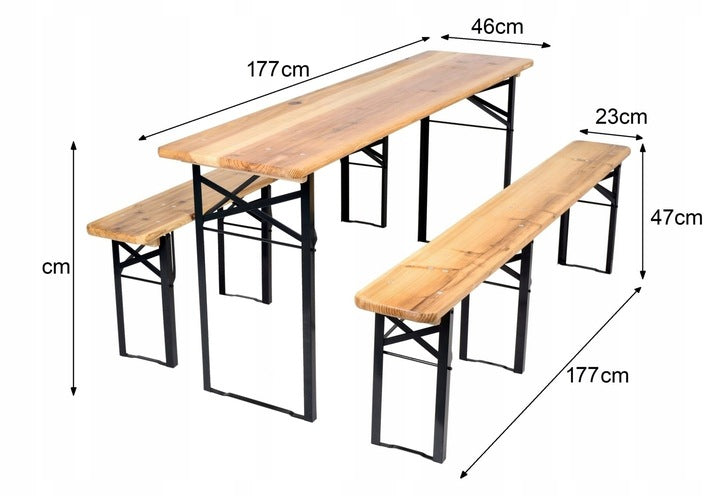 Set berarie din lemn masiv, pliabil, pentru terasa sau gradina, o masa si doua banci, 177x46cm, natur