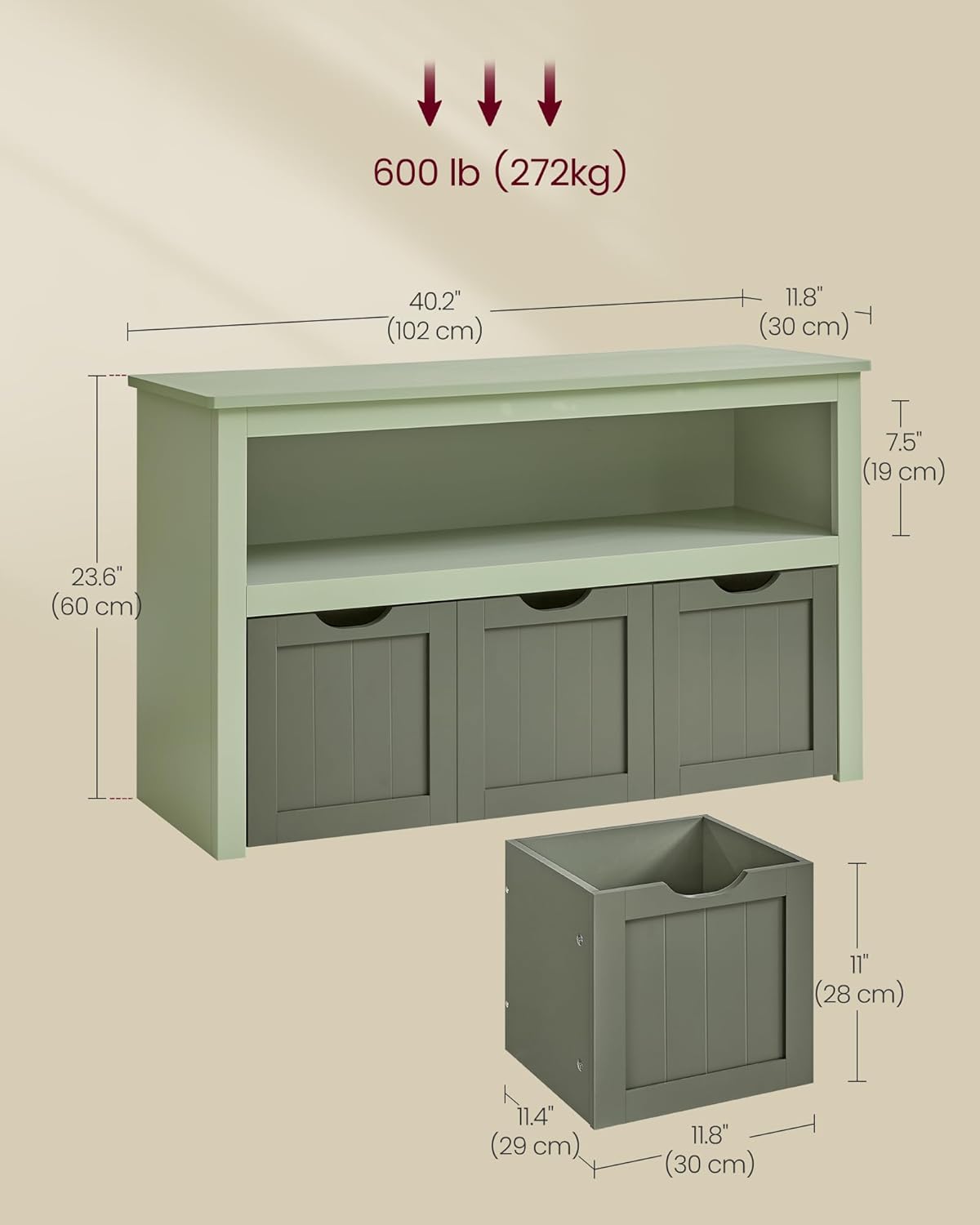 VASAGLE Dulap depozitare jucarii, din MDF, cu 3 compartimente detasabile pe roti, 30x102x60 cm, verde