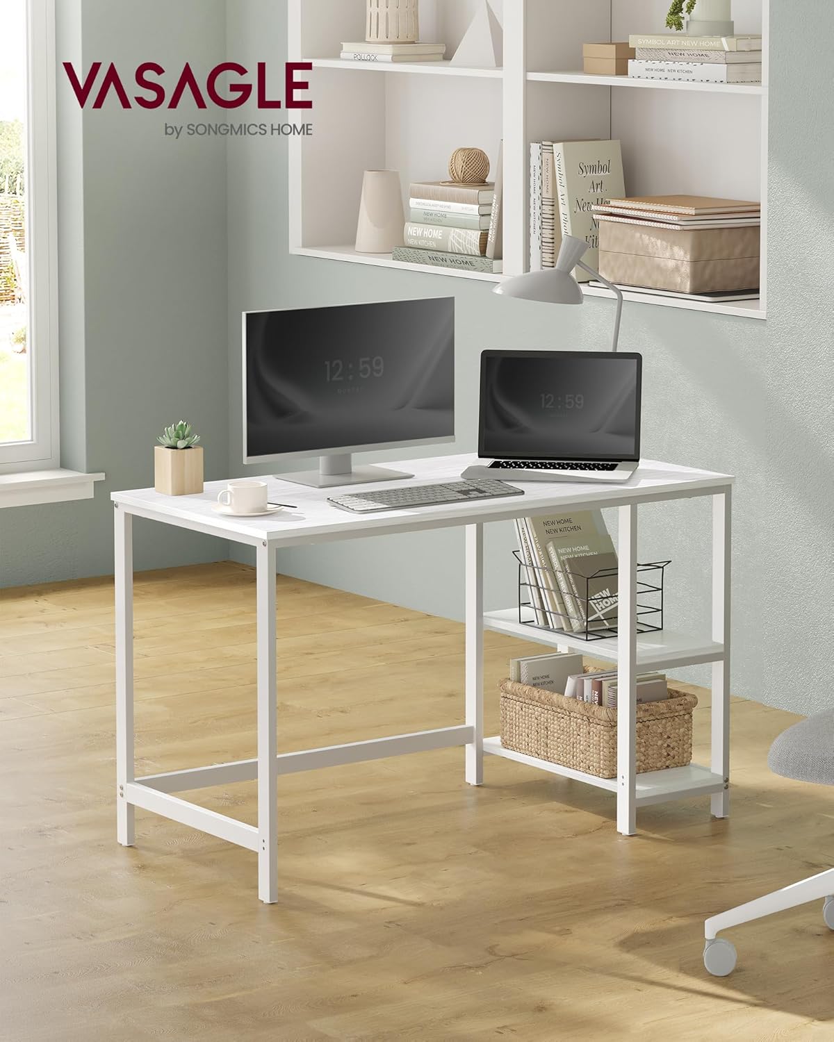VASAGLE Birou cu 2 rafturi stanga sau dreapta, stil industrial, 60x120x76 cm, alb - 3