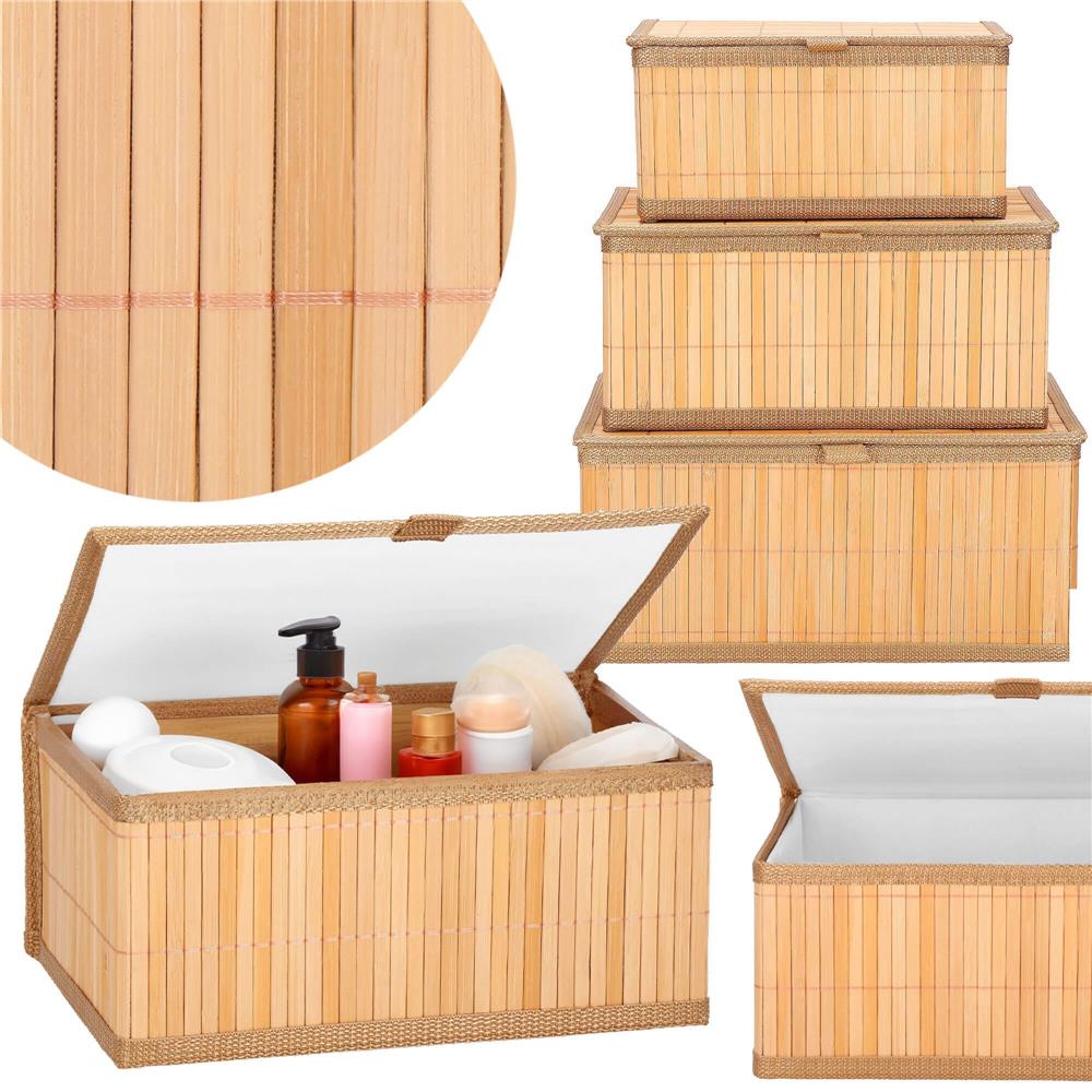 Set 3 cutii organizatoare din bambus, cu capac, diverse dimensiuni, maro