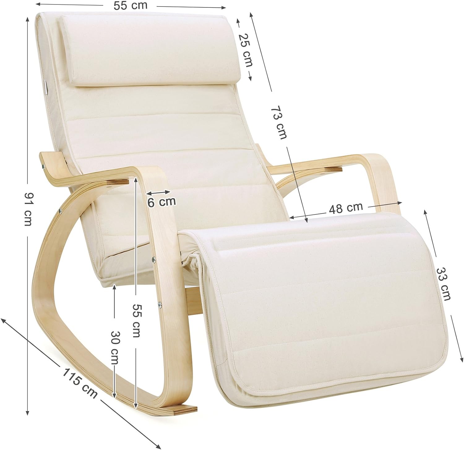 SONGMICS Scaun balansoar din lemn, suport picioare reglabil, maxim 150kg, 55x115x91cm, bej - 3