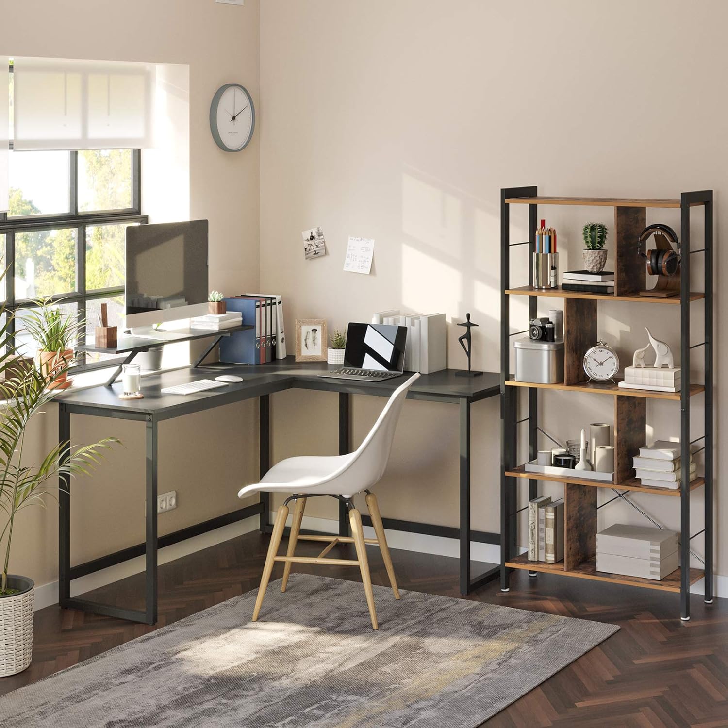 VASAGLE Birou in forma de L cu suport pentru monitor, cadru metalic, 140x130x76cm, negru