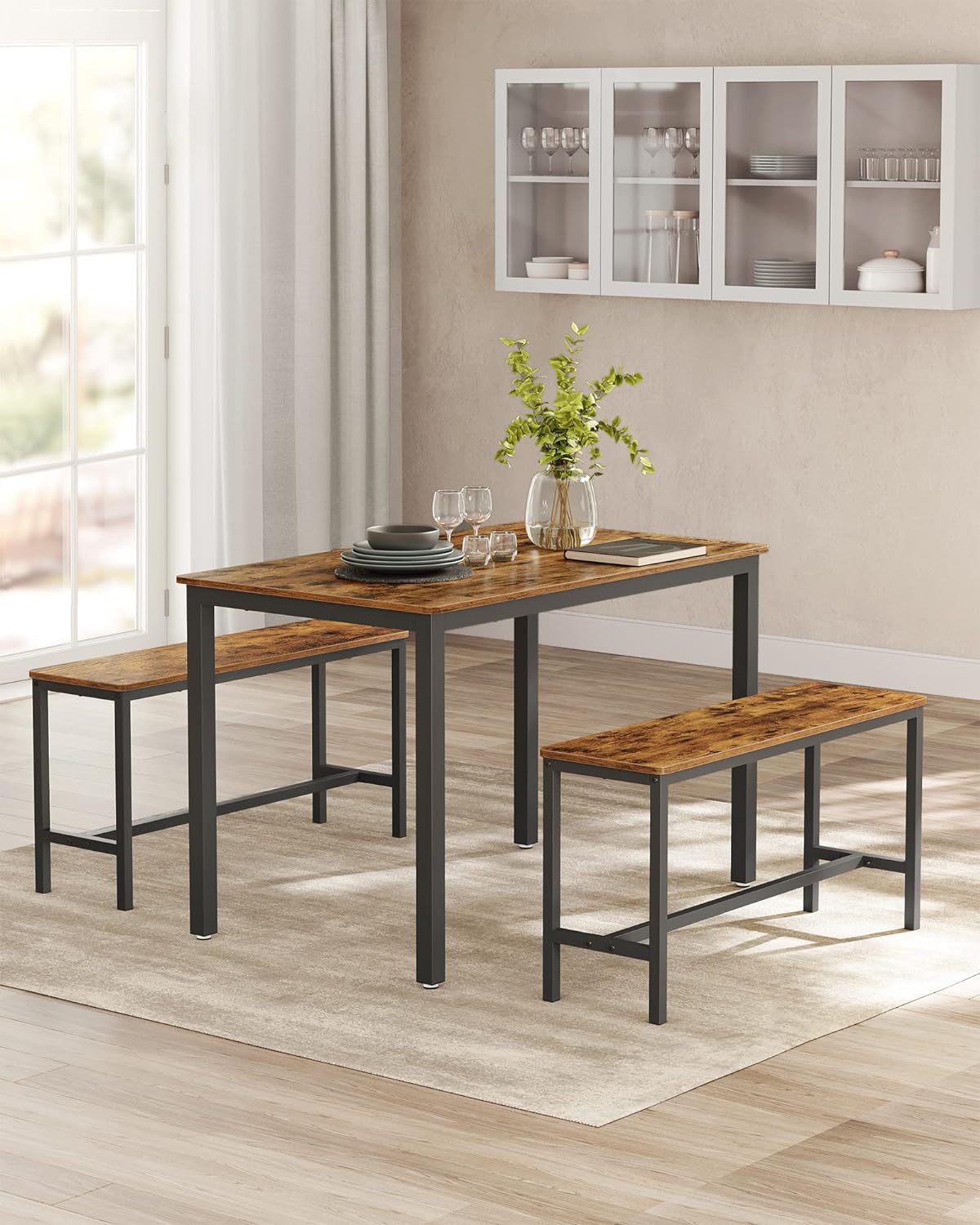 VASAGLE Masa de bar cu 2 banci, design industrial, 110x70x75 cm, maro rustic