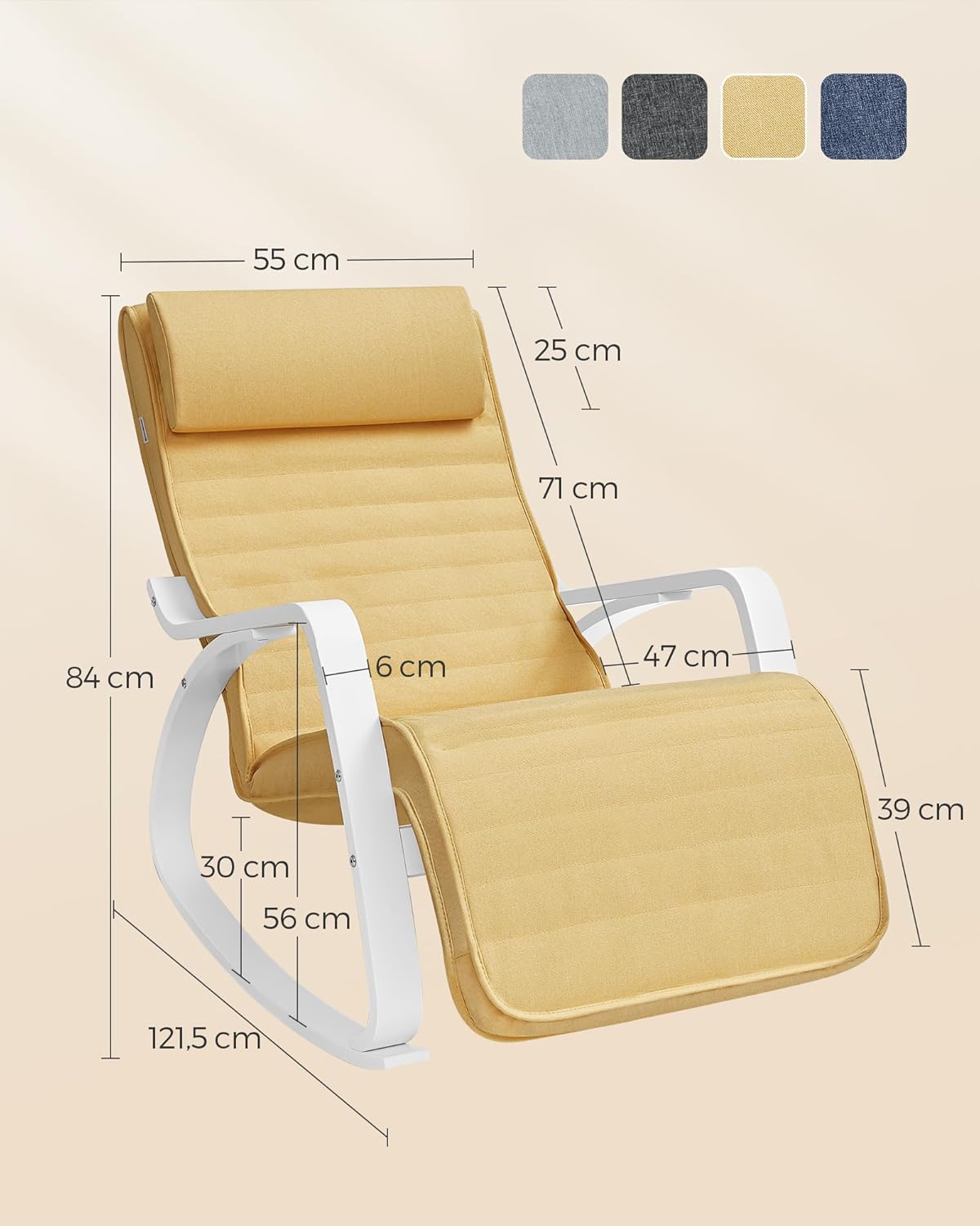 SONGMICS Scaun balansoar din lemn, suport picioare reglabil, maxim 150kg, 55x122x84cm, galben-pastel