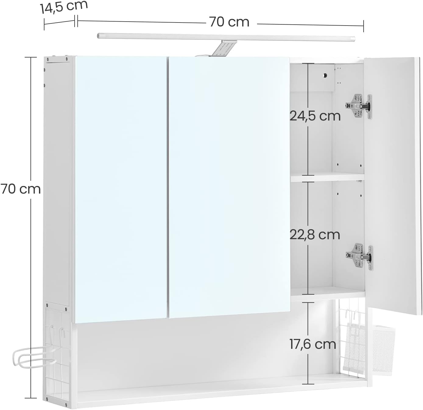 VASAGLE Dulap de baie de perete, 3 usi cu oglinda, compartiment deschis, 15x70x70cm, alb