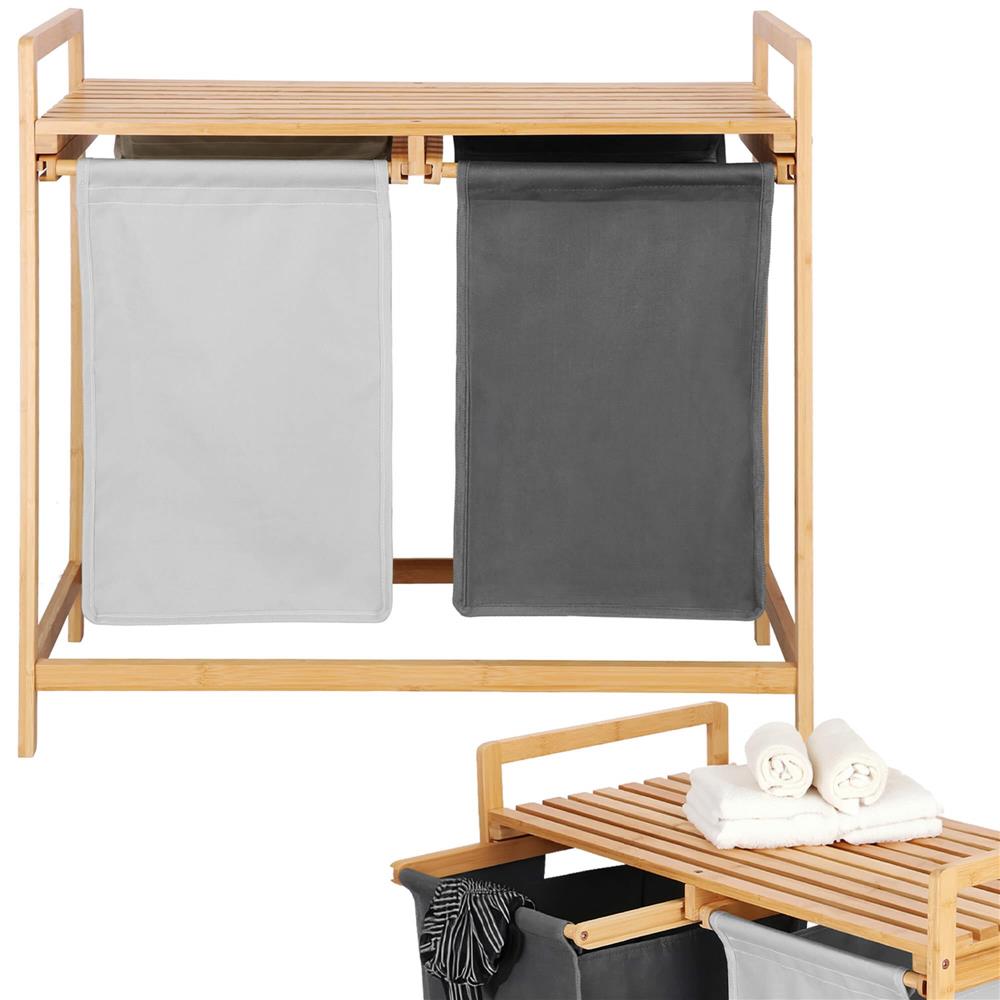 Cos de rufe din bambus, cu 2 saci detasabili, raft superior, capacitate de 40L per sac, 67x36x70cm, maro
