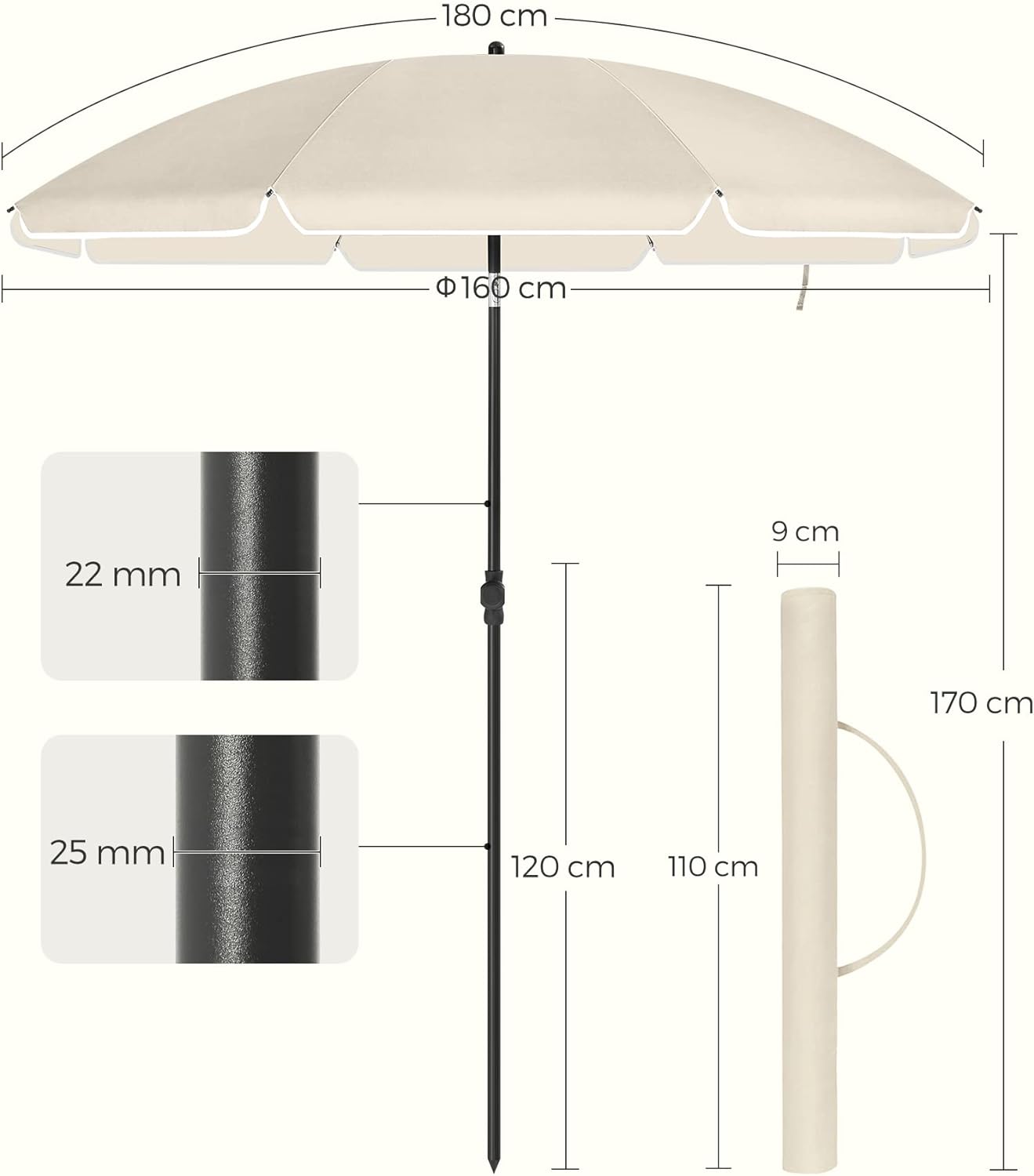 SONGMICS Umbrela terasa gradina sau plaja, cu inclinare, husa, diametru 160cm, bej