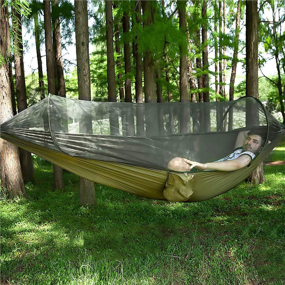 Hamac dublu din material parasuta 140x260cm, cu plasa de tantari si geanta transport, verde