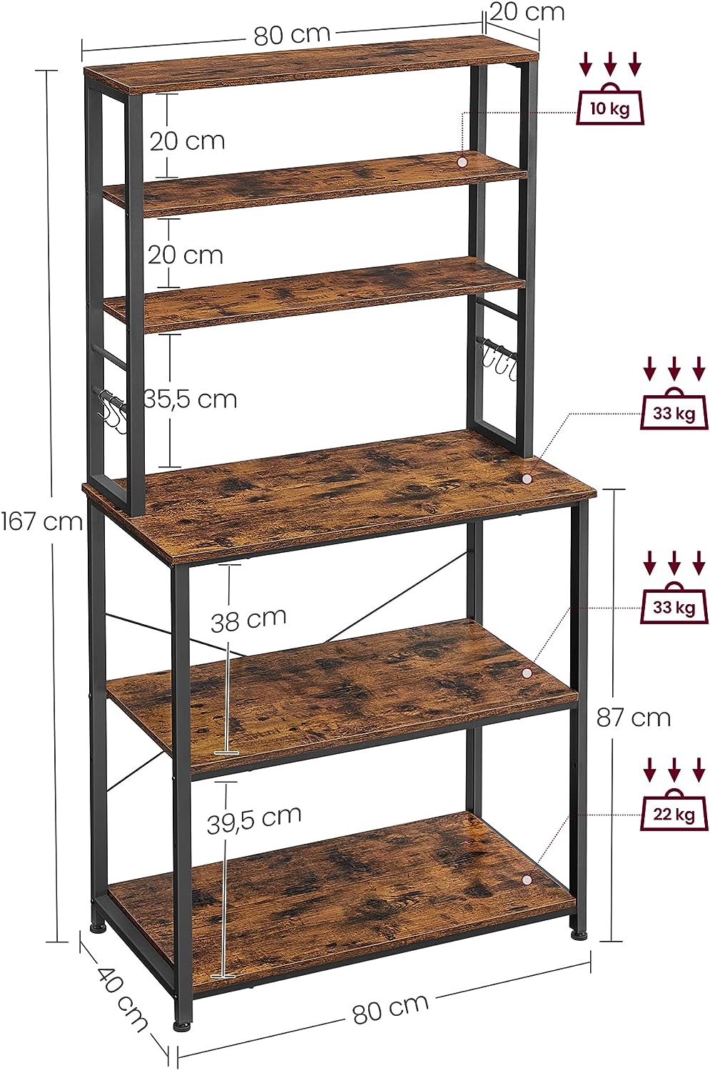 VASAGLE Raft de bucatarie cu spatiu pentru cuptorul cu microunde, 6 rafturi, otel, industrial, 40x80x167cm, maro retro si negru