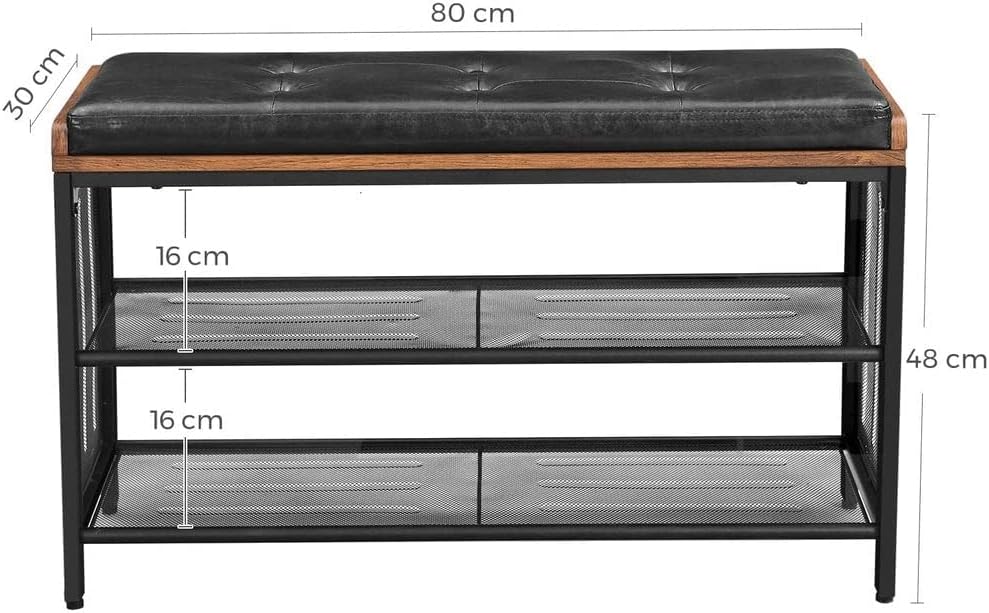 VASAGLE Banca pentru hol, cu raft suport de pantofi, sezut captusit imitatie piele, design industrial, 30x80x48cm, negru cu maro